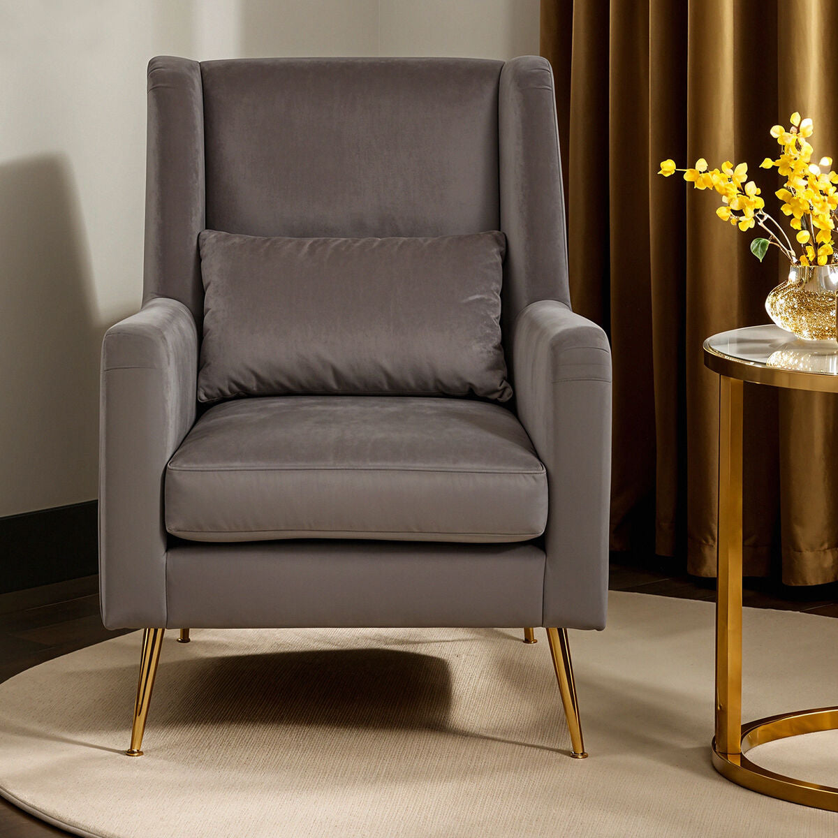 Doucet Grey Velvet Chair with Gold Finish Angular Legs