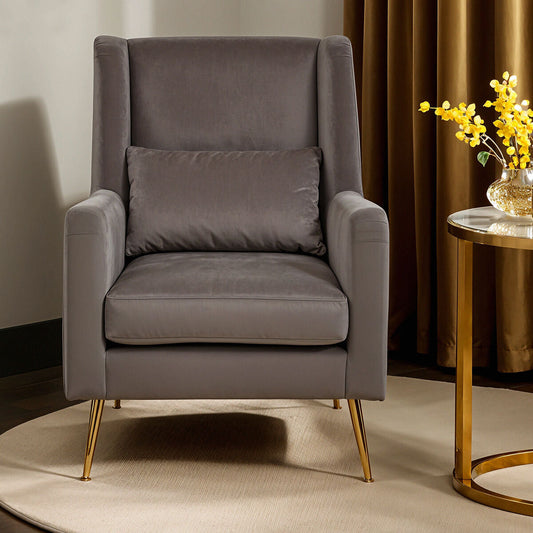 Doucet Grey Velvet Chair with Gold Finish Angular Legs