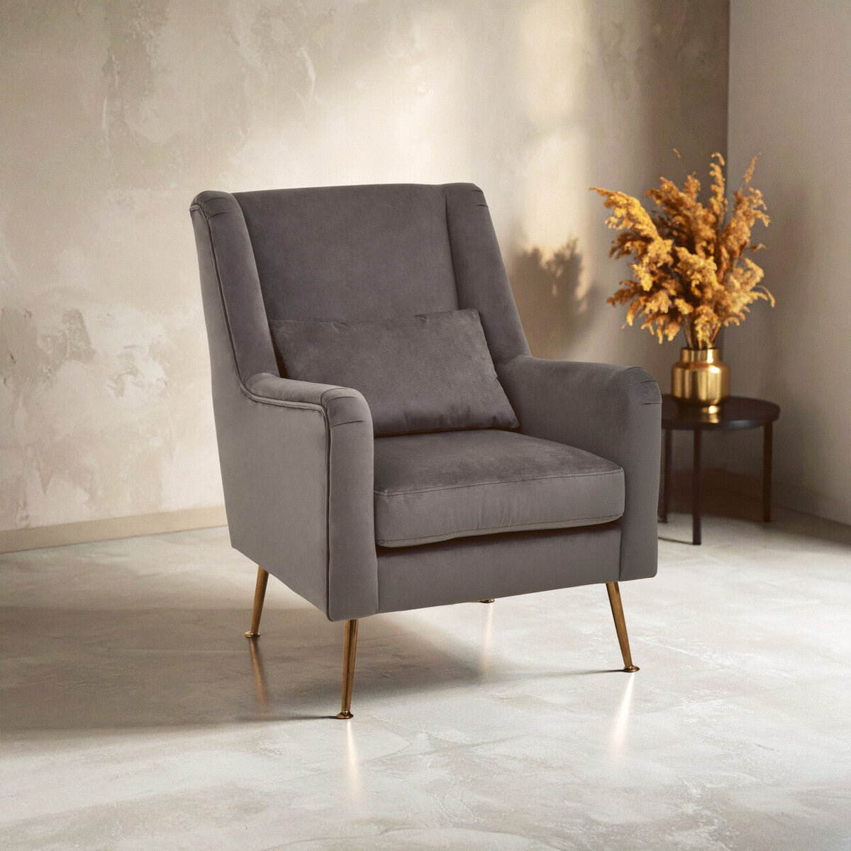 Doucet Grey Velvet Chair with Gold Finish Angular Legs