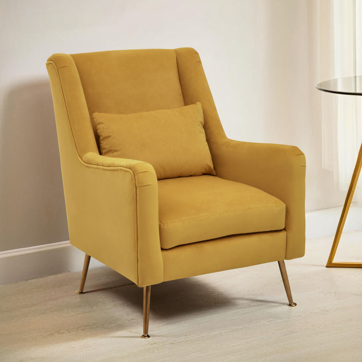 Doucet Yellow Velvet Chair With Gold Finish Legs