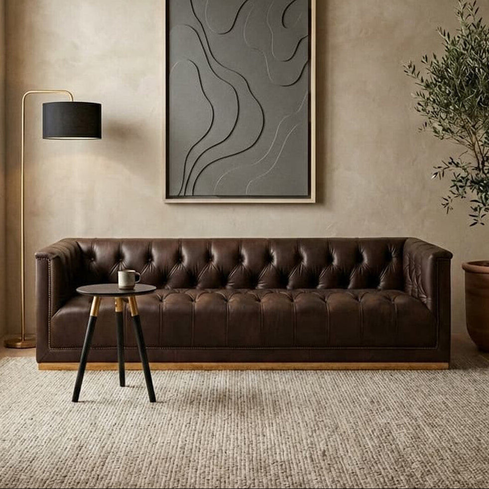 King Three Seater Modern Chesterfield Dark Brown Leather Sofa