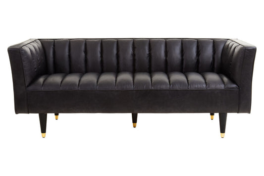 King Three Seater Black Leather Sofa With Flared Arms