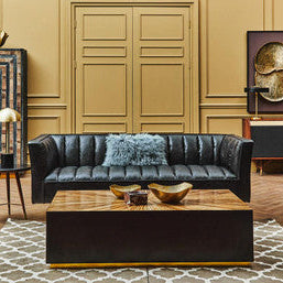 King Three Seater Black Leather Sofa With Flared Arms