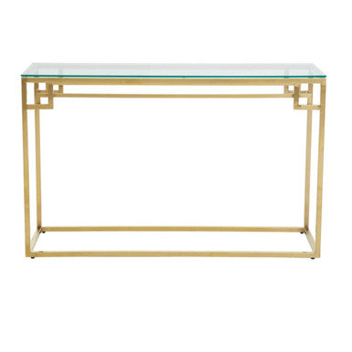 Geometric Gold Brushed Stainless Steel Console Table with Tempered Glass Top, Allure