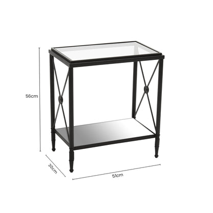 Black Metal Rectangular Frame Side Table with Two-Tier Clear Glass Shelves and Floral Motif | Axis