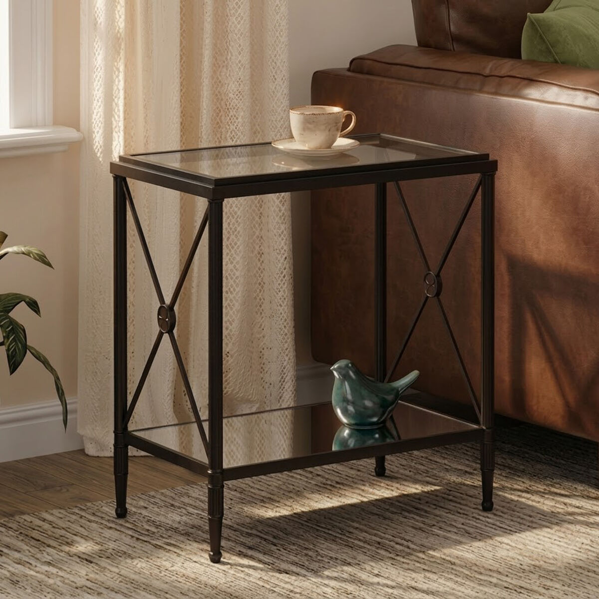 Black Metal Rectangular Frame Side Table with Two-Tier Clear Glass Shelves and Floral Motif | Axis
