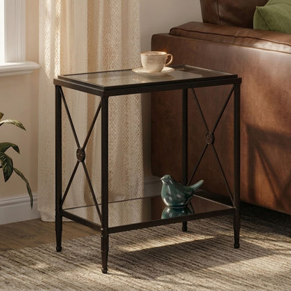 Black Metal Rectangular Frame Side Table with Two-Tier Clear Glass Shelves and Floral Motif | Axis