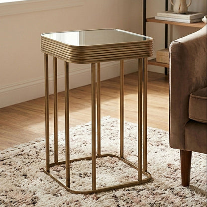 Gold Metal Side Table with Mirrored Top and Decorative Textured Edge | Ella