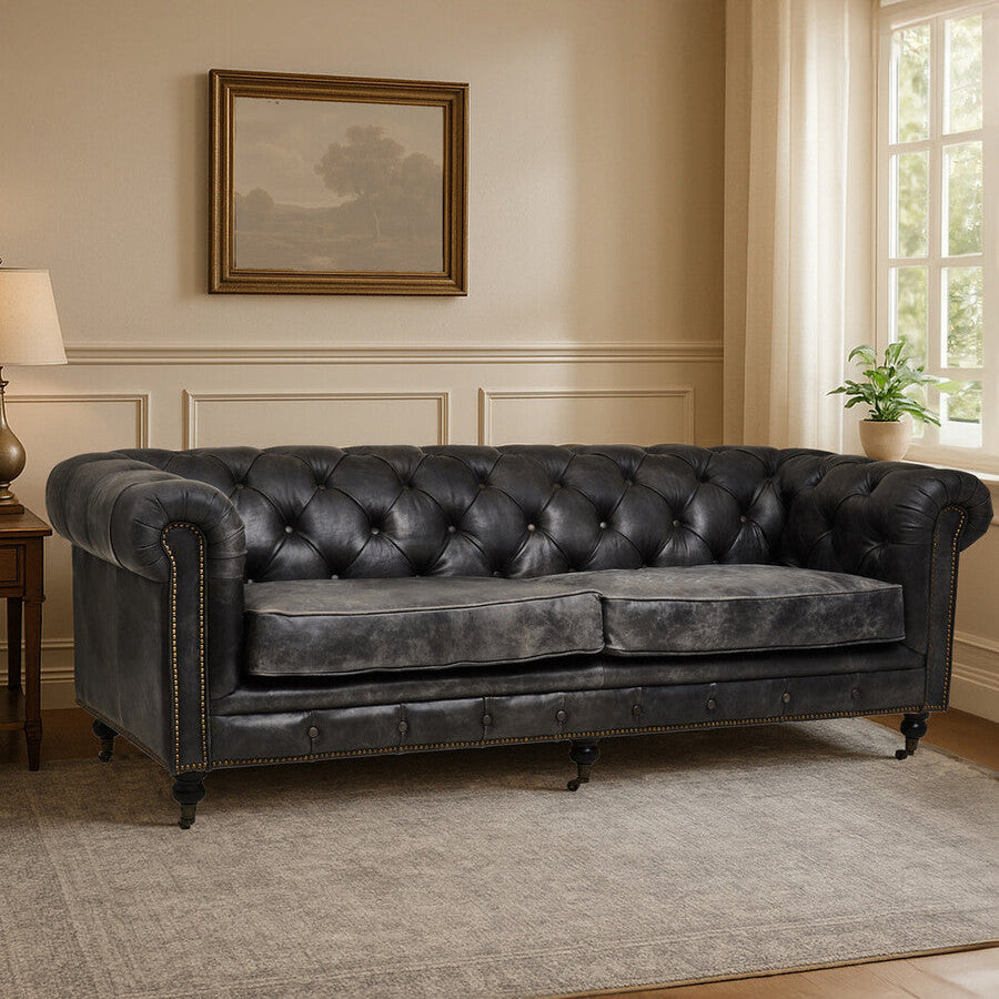 3 Seater Antique Black Chesterfield Leather Sofa | Hoxton
