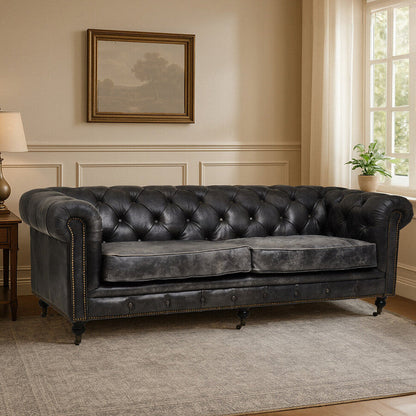 3 Seater Antique Black Chesterfield Leather Sofa | Hoxton