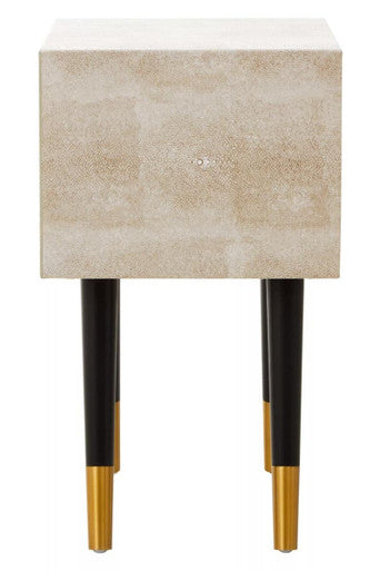 Natural Faux Shagreen Effect 2-Drawer Bedside Table with Gold Accents and Black Angular Legs, Cadio