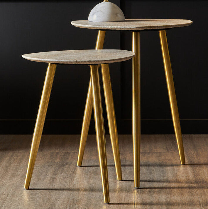 Set of 2 Natural Shagreen Leather Round Top Side Tables with Gold Finish Legs | Cadio