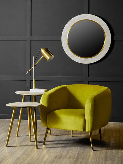 Set of 2 Natural Shagreen Leather Round Top Side Tables with Gold Finish Legs | Cadio