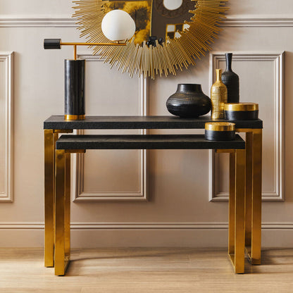 Set of Two Black Shagreen Effect Rectangular Console Tables with Gold Finish Base | Cardoba
