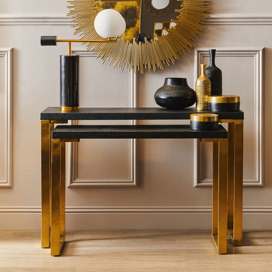 Set of Two Black Shagreen Effect Rectangular Console Tables with Gold Finish Base | Cardoba