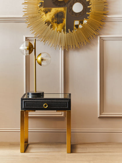 Black Shagreen Effect 1-Drawer Side Table with Brushed Matte Gold Legs and Knocker Handle | Cardoba