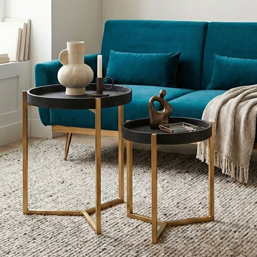 Set of 2 Black Shagreen Effect Tray Tables with Gold Finish Legs and Raised Edges | Cardoba