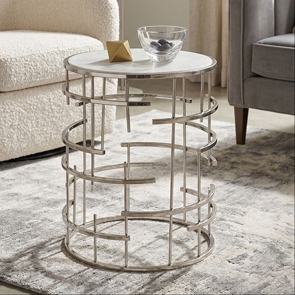 White Round Marble Top Side Table with Silver Open Frame Metal Base | Jaipur