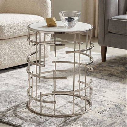 White Round Marble Top Side Table with Silver Open Frame Metal Base | Jaipur