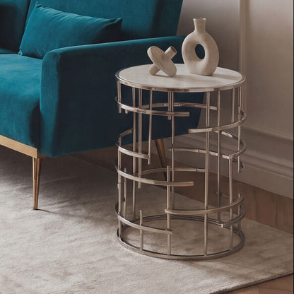 White Round Marble Top Side Table with Silver Open Frame Metal Base | Jaipur