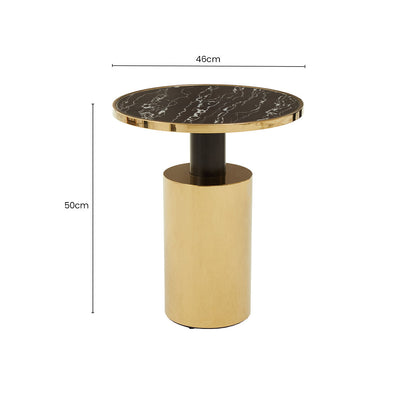 Oria Black Marble Effect Glass Round Side Table with Gold Finish Base