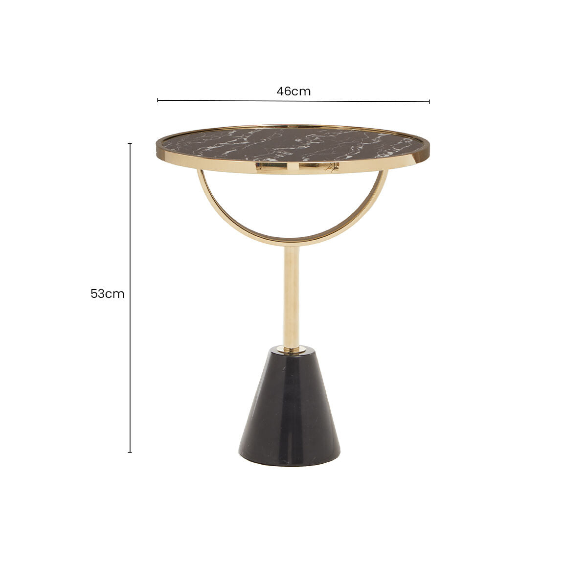 Black Glass Top Side Table with Gold Metal Column and Black Marble Base | Oria