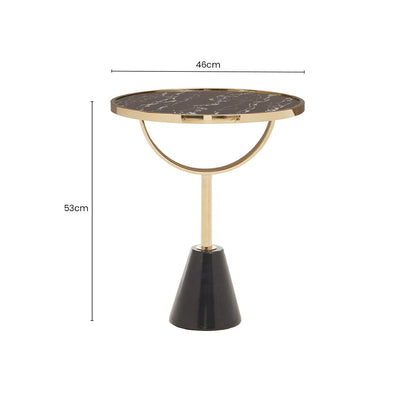 Black Glass Top Side Table with Gold Metal Column and Black Marble Base | Oria