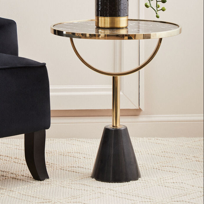 Black Glass Top Side Table with Gold Metal Column and Black Marble Base | Oria