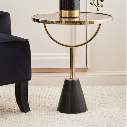 Black Glass Top Side Table with Gold Metal Column and Black Marble Base | Oria