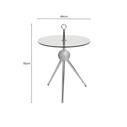 Clear Glass Top Side Table with Silver Stainless Steel Tripod Frame | Oria