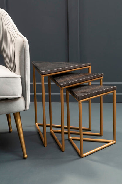 Set of 3 Black Marble Triangular Nesting Tables with Matte Gold Metal Frames | Varana