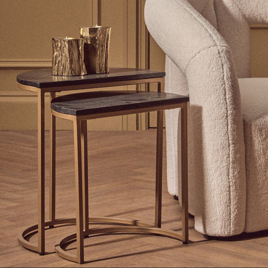 Varana Nest Of Two Half Moon Black Marble Top Tables