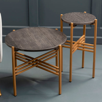 Set of 2 Black Round Marble Top Side Tables with Gold Finish Geometric Metal Bases | Varana