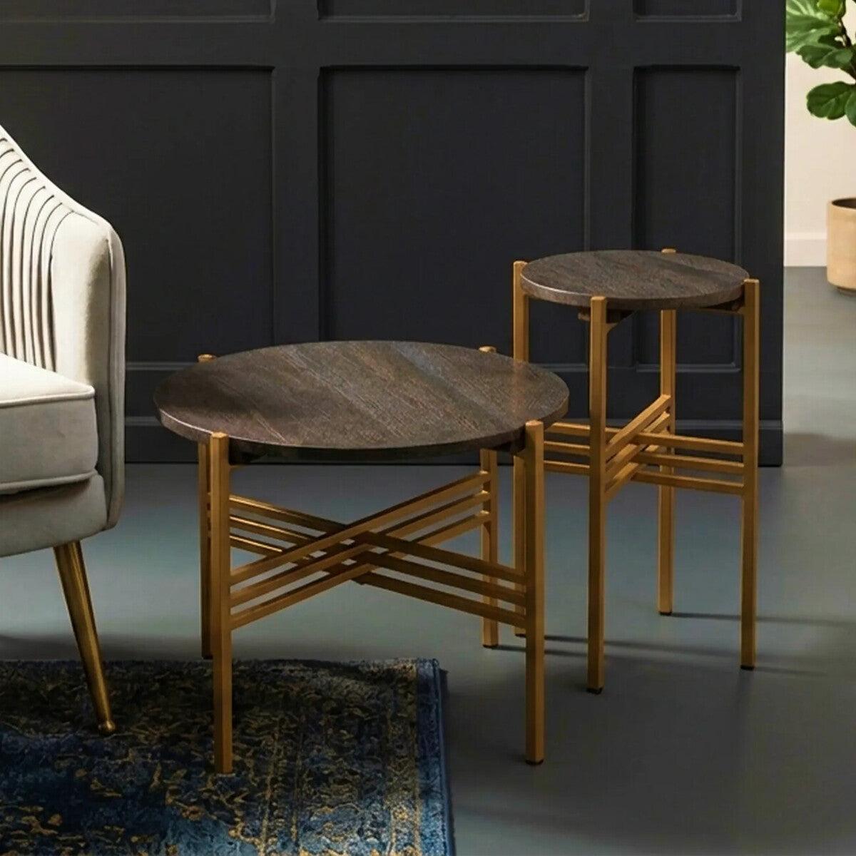 Set of 2 Black Round Marble Top Side Tables with Gold Finish Geometric Metal Bases | Varana