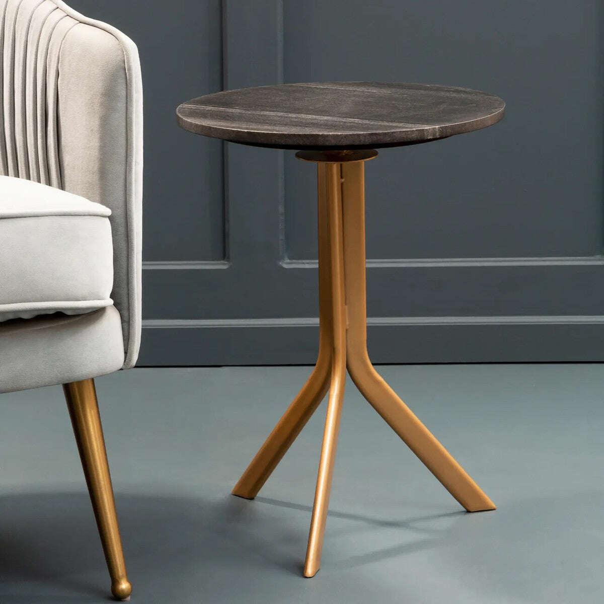 Black Round Marble Top Side Table with Gold Metal Tripod Base | Varana