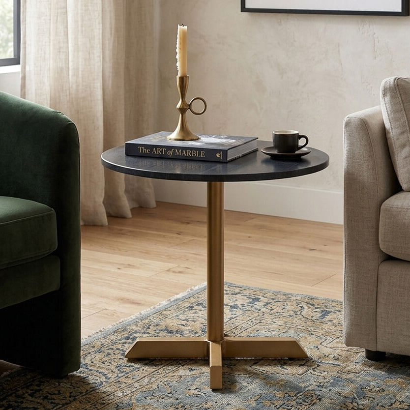 Black Round Marble Top Side Table with Matte Gold Metal Cross Base | Varana