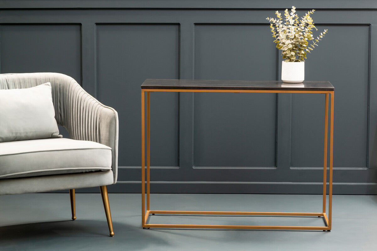 Varana Black Marble Top Console Table With Gold Iron Frame
