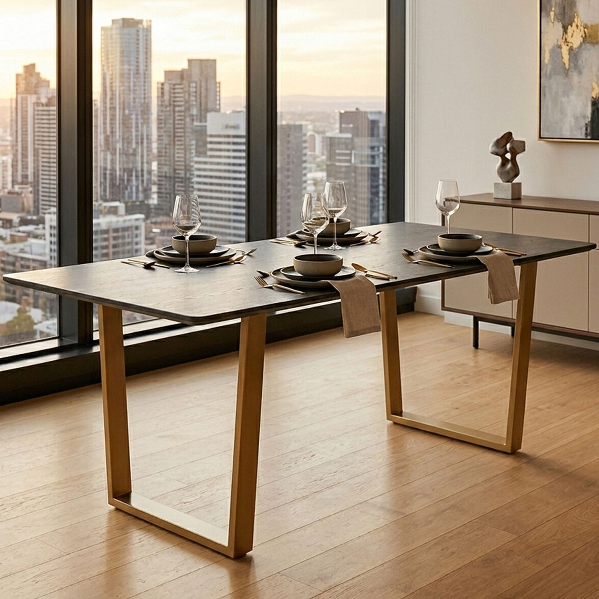 Black Marble Rectangular Dining Table with Geometric Gold Finish Steel Base | Varana
