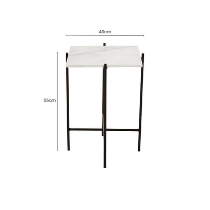 White Marble Square Top Side Table with Sleek Black Iron Base | Mandoli