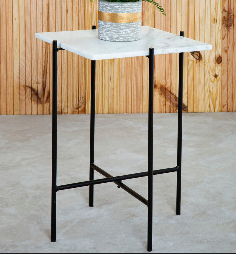 White Marble Square Top Side Table with Sleek Black Iron Base | Mandoli