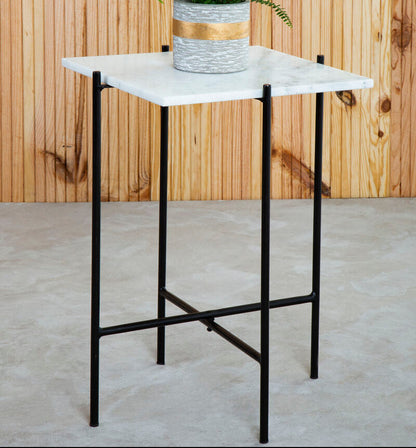 White Marble Square Top Side Table with Sleek Black Iron Base | Mandoli