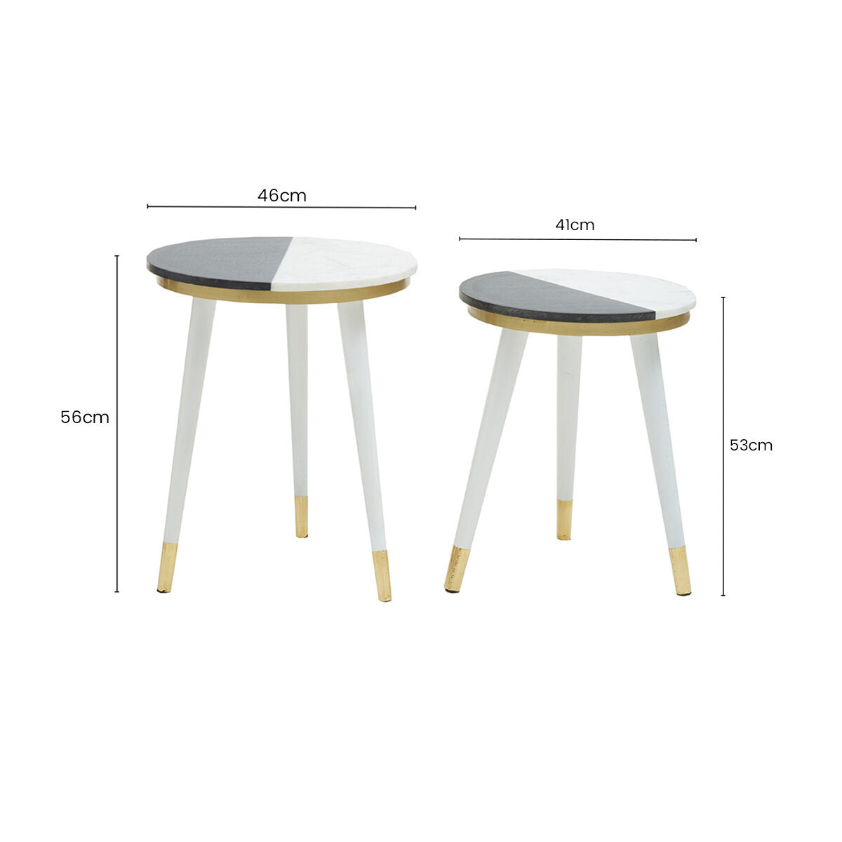 Set of 2 Black & White Marble Side Tables with White Legs and Gold Base Detailing | Nirav