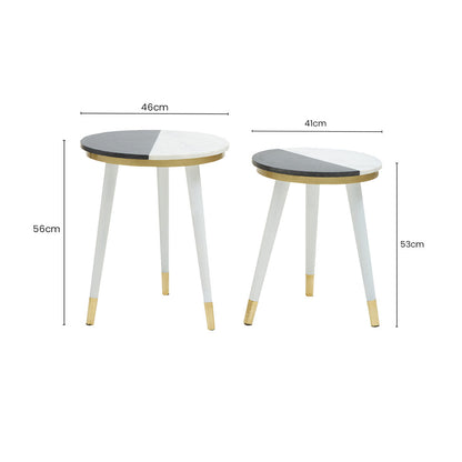 Set of 2 Black & White Marble Side Tables with White Legs and Gold Base Detailing | Nirav