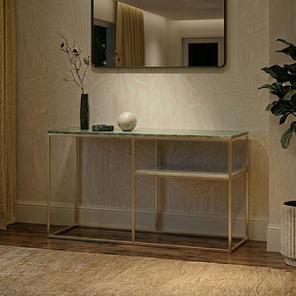 Assorted Marble Top Console Table with Geometric Gold Iron Frame and Lower Shelf | Nirav