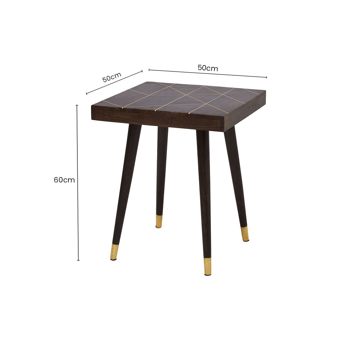 Dark Brown Mango Wood Square Side Table with Gold Tip Legs | Naro