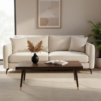 Brown Mango Wood Rectangular Coffee Table with Gold Tip Legs and Geometric Gold Lines on Top | Naro