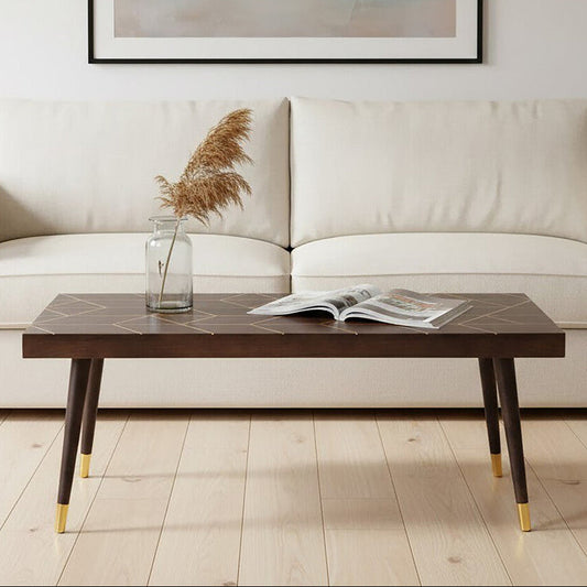 Brown Mango Wood Rectangular Coffee Table with Gold Tip Legs and Geometric Gold Lines on Top | Naro