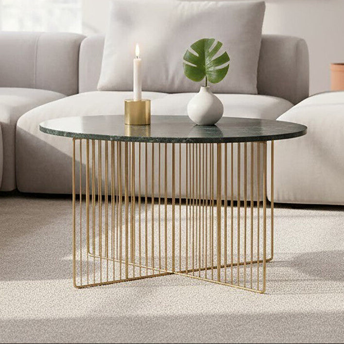 Green Round Marble Coffee Table with Gold Iron Rod Base | Nirav