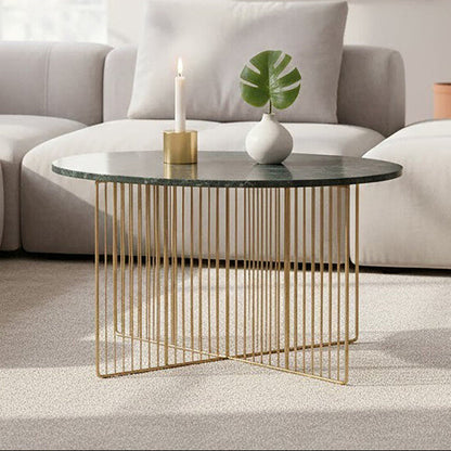 Green Round Marble Coffee Table with Gold Iron Rod Base | Nirav