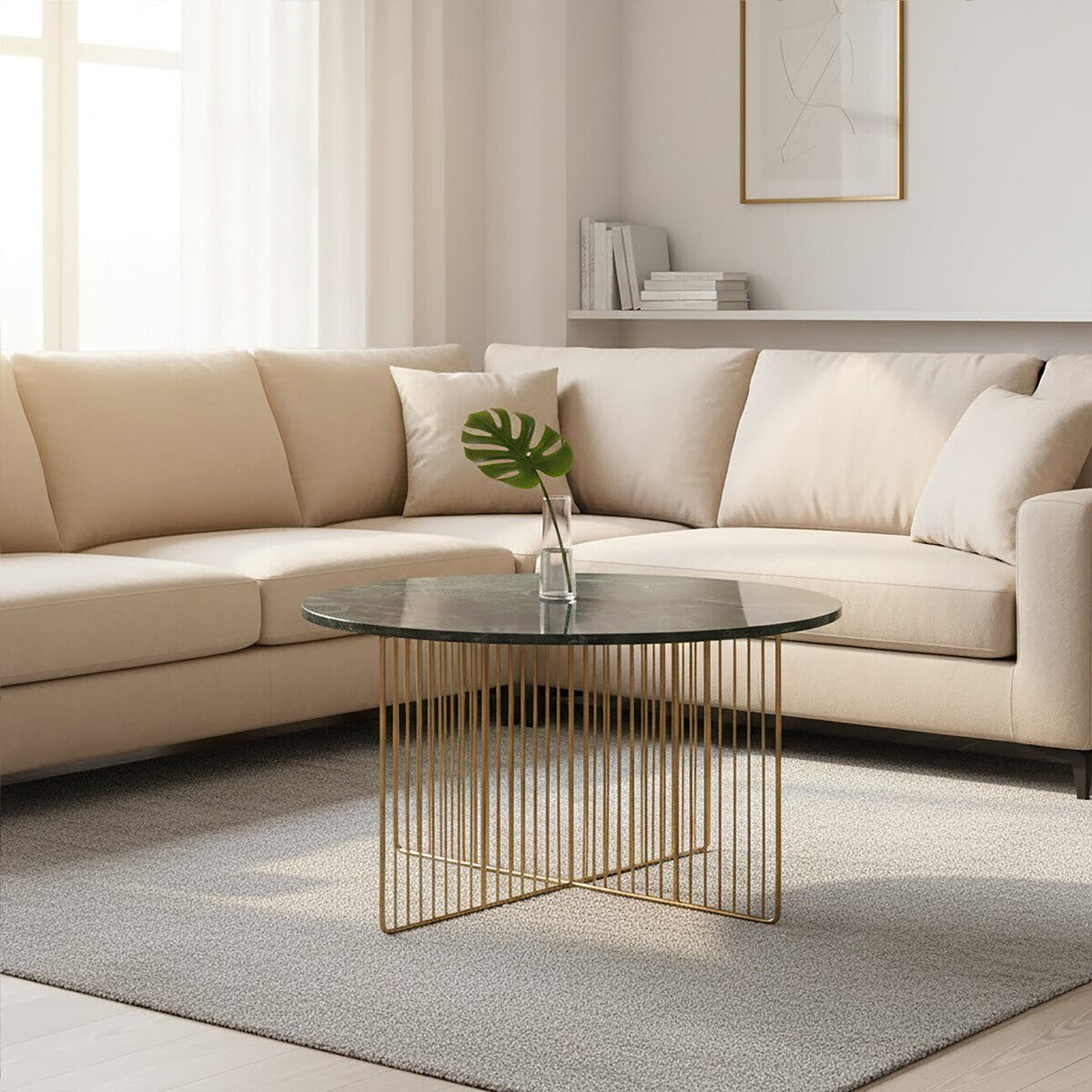 Green Round Marble Coffee Table with Gold Iron Rod Base | Nirav